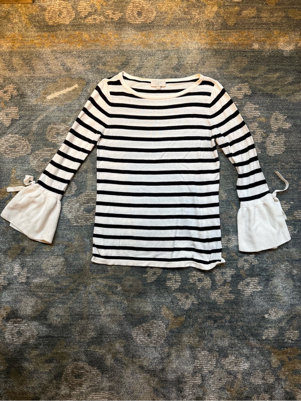 LOFT Black & White Striped Bell-Sleeve Top